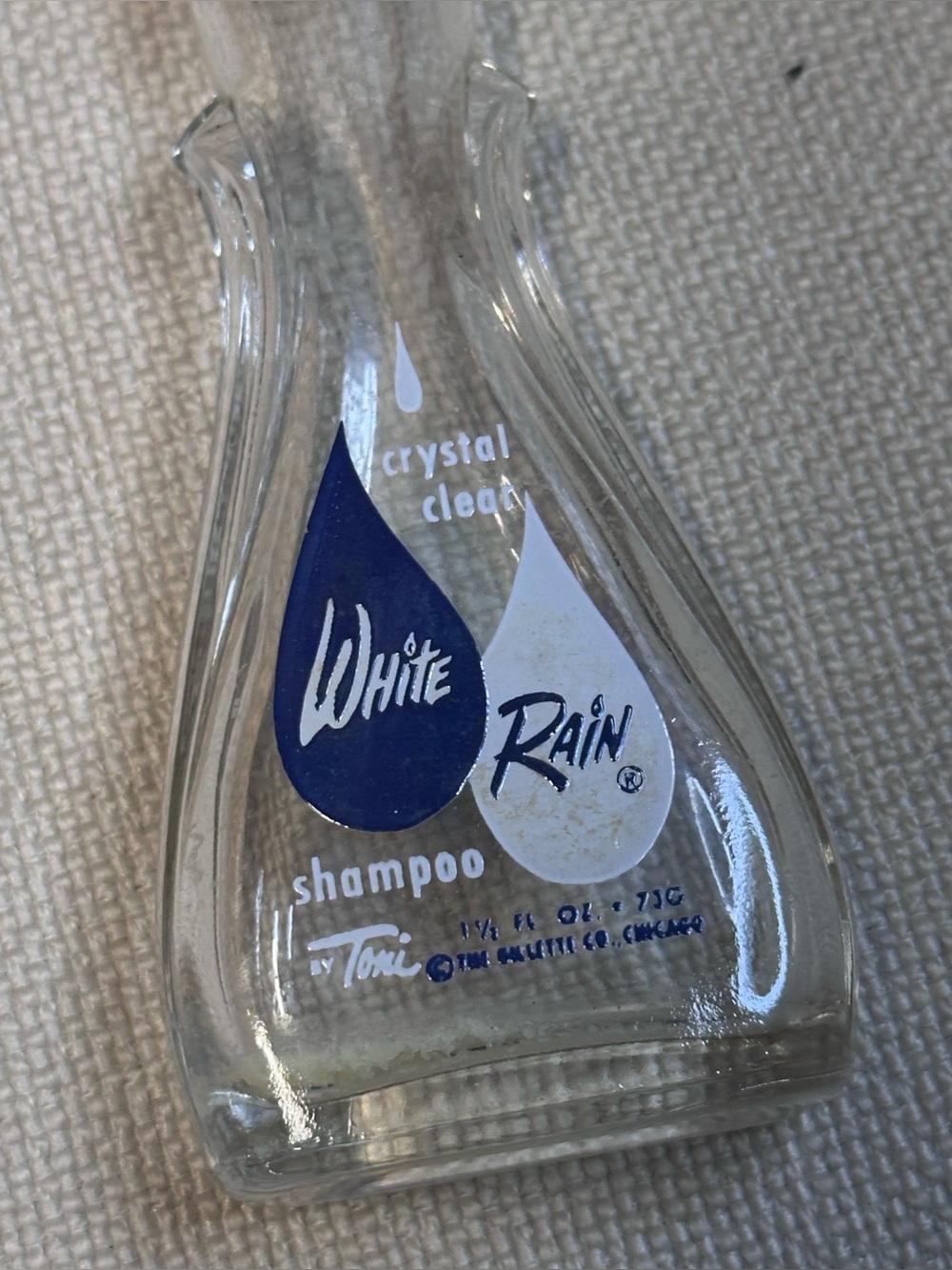 Vintage 1950s White Rain Crystal Clear Shampoo Toni Gillette Glass Bottle 1.5 Oz